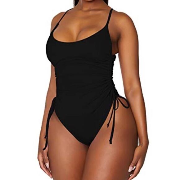 Viottiset Womens Ruched High Cut 1-Piece Swimsuit Tummy Control Cheeky Black XL - Picture 2 of 8